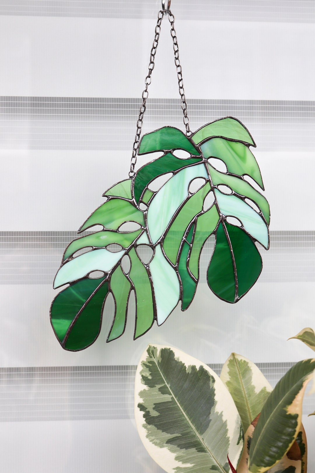 Monstera Leaves Suncatcher Stained Glass Window Decor Hanging Home