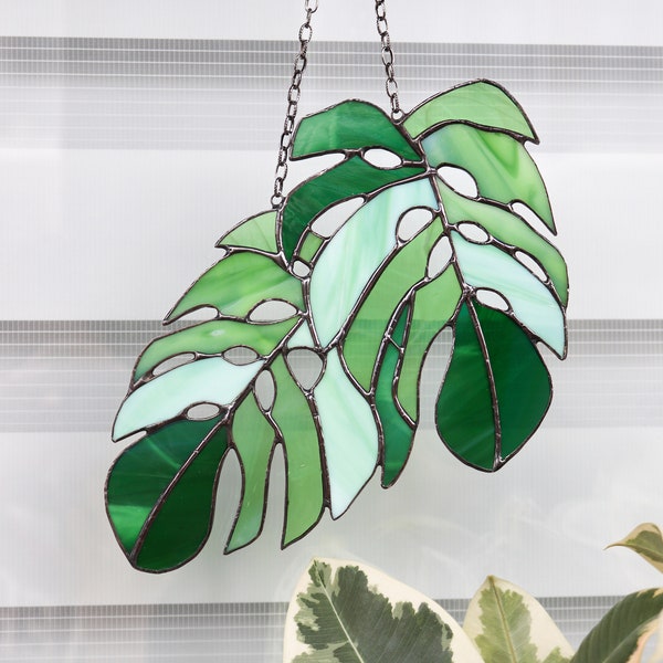 Monstera Leaves Suncatcher Stained glass window decor Hanging home decor Gift for gardener Glass wall art Mothers Day gift