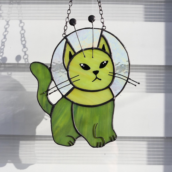 Suncatcher Cat Alien Stained Glass Picture Home Cute decor Gift ideas Window Hanging Decor Wall art Funny decor