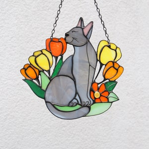 Suncatcher Cat in Flowers Stained Glass Window Hangins Glass Wall Decor Cat Art gift Custom Cat Gift idea for cat lover Handmade gift in yellow flowers