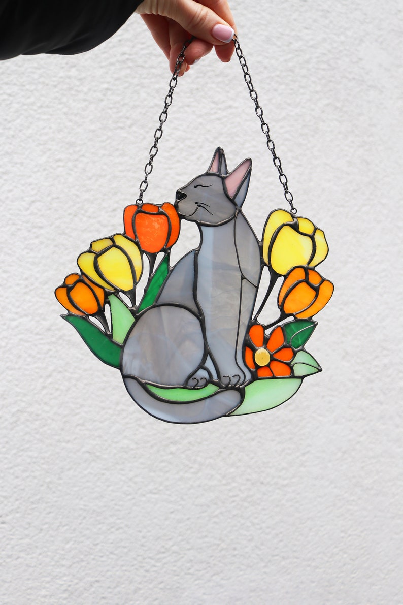 Suncatcher Cat in Flowers Stained Glass Window Hangins Glass Wall Decor Cat Art gift Custom Cat Gift idea for cat lover Handmade gift in yellow flowers