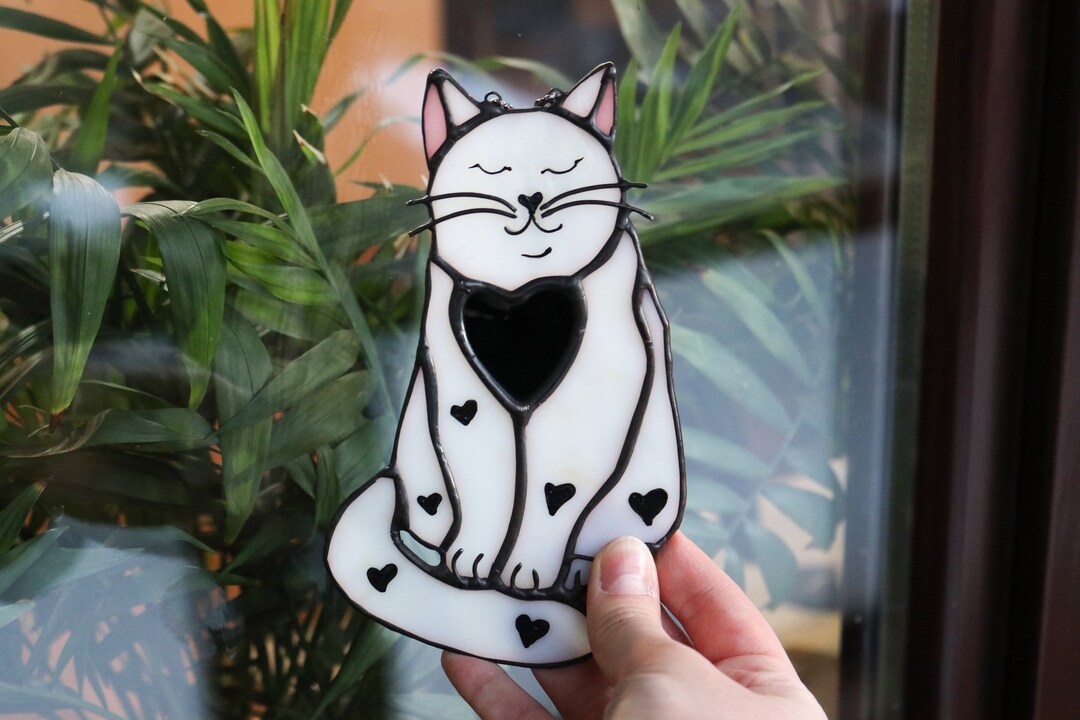 Cute White Cat in Love Stained Glass Window Panel Suncatcher Hanging ...