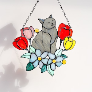 Suncatcher Cat in Tulip Flowers Stained Glass Window Hanging Decor Cat ...