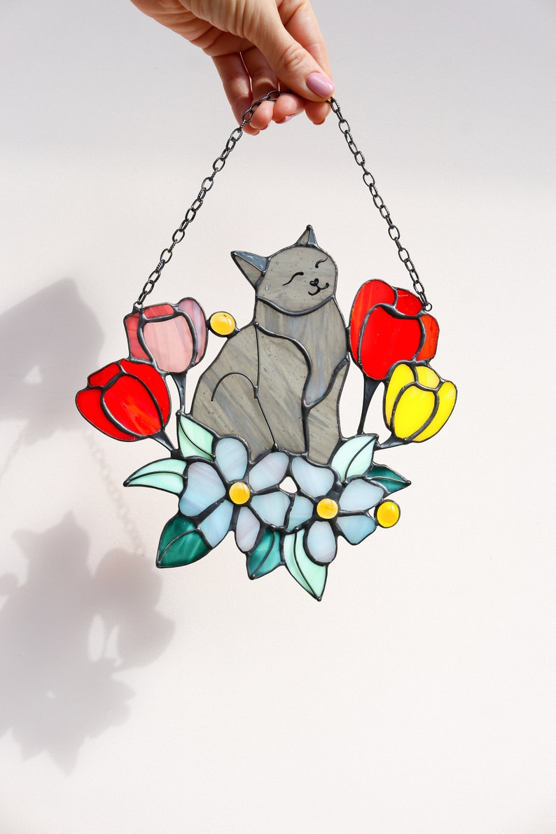 Suncatcher Cat in Tulip Flowers Stained Glass Window Hanging Decor Cat Art gift Window Panel Glass Wall Window Hangings Mothers Gift image 8