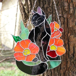 Suncatcher Black Cat in Poppy Flowers Stained Glass Window Hangins ...