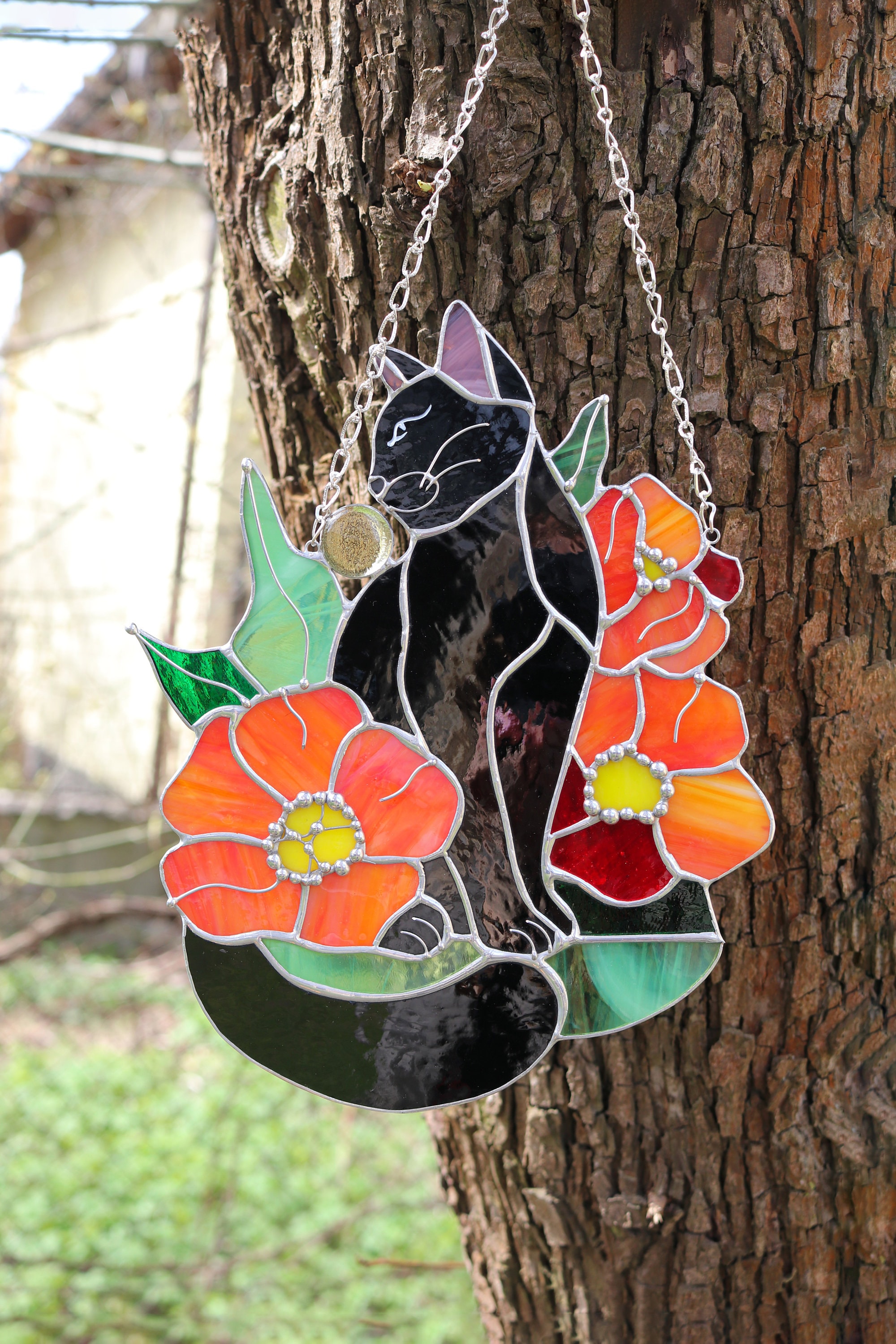 Suncatcher Black Cat in Poppy Flowers Stained Glass Window - Etsy UK