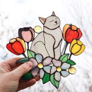 Suncatcher Cat in Tulip Flowers Stained Glass Window Hanging Decor Cat ...