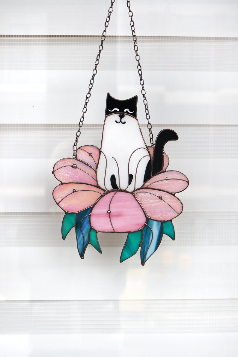 Suncatcher Cat in Flower Stained Glass Window Hangins Glass Wall Decor ...