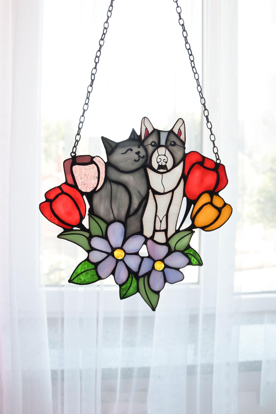 Suncatcher Cat and Dog in Tulip Flowers Stained Glass Window Hanging ...