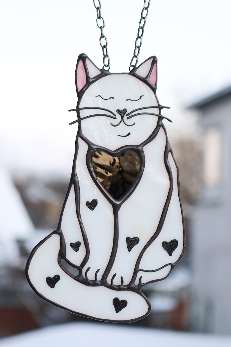 Cute White Cat in Love Stained Glass Window Panel Suncatcher Hanging ...