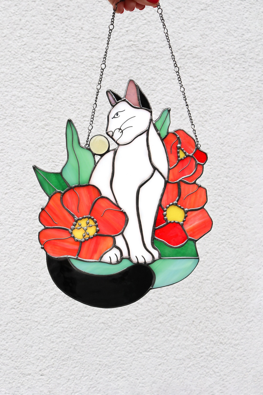 Suncatcher Cat in Poppy Flowers Stained Glass Window Hangins Glass Wall ...