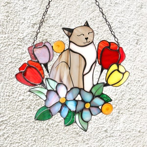 Suncatcher Orange Cat in Tulip Flowers Stained Glass Window Hangins Glass Wall Decor Cat Art gift Mother’s day gift Custom Cat image 7