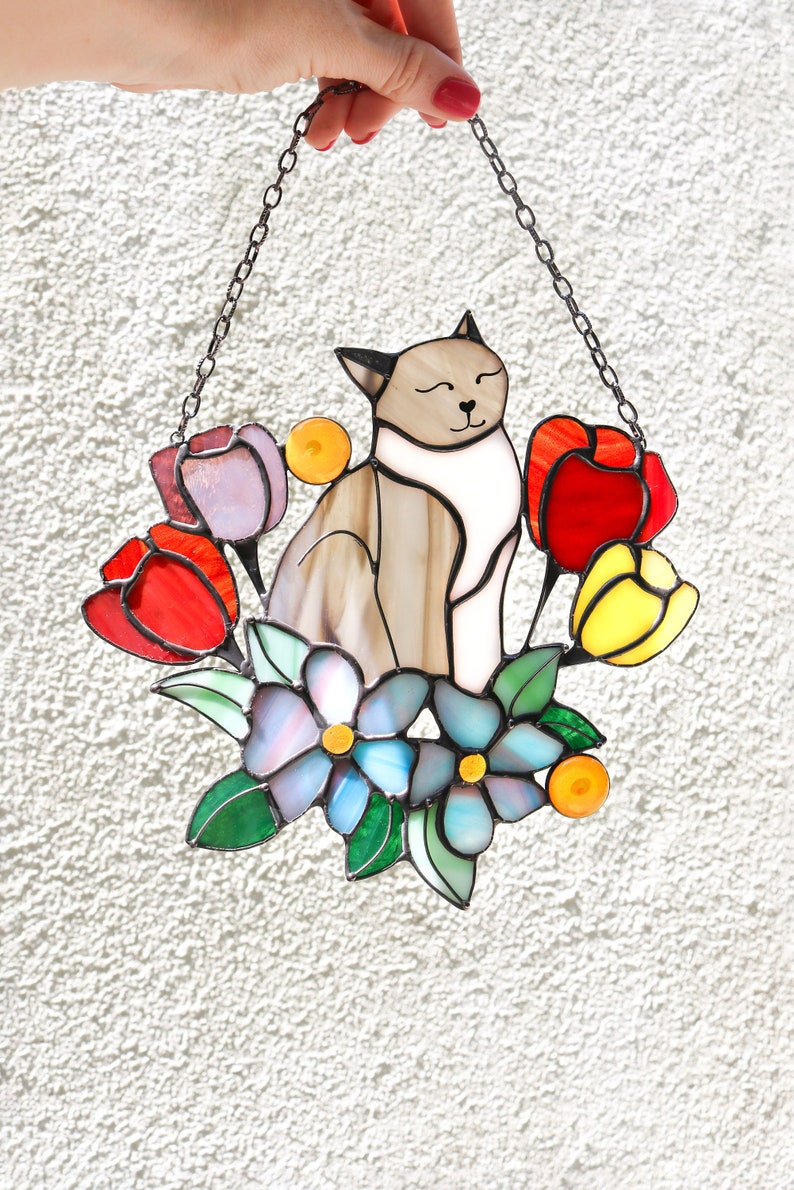 Suncatcher Orange Cat in Tulip Flowers Stained Glass Window Hangins Glass Wall Decor Cat Art gift Mother’s day gift Custom Cat image 7