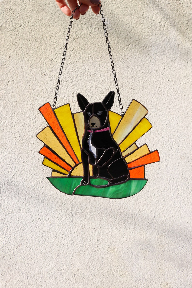 Suncatcher Dog and Sun Stained Glass decor for home Handmade gift Glass Wall Window Hangings Custom pet portrait Gift for pet lover image 2