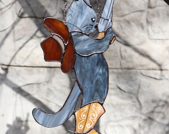 Gangster Cat Suncatcher Stained Glass Window hangins Glass wall decor Custom cat Gift idea for cat lovers Cat hanging decoration