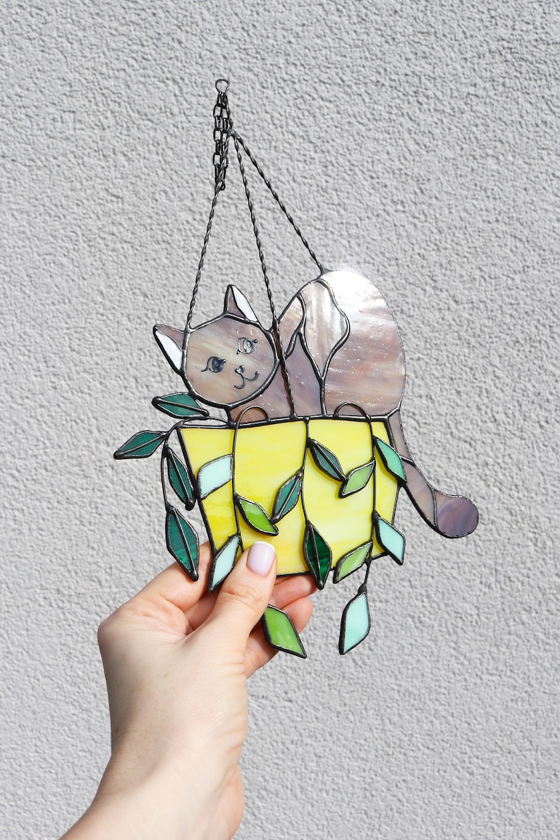 Cat in a flowerpot Suncatcher Stained Glass Window Hangins Glass Wall Decor Cat Art gift Custom Cat Gift idea for cat lover image 10