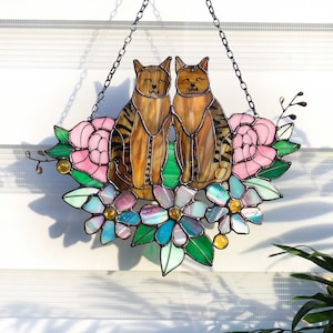 Suncatcher Two Cats in Flowers Stained Glass Window Hangins Glass Wall Decor Cat Art gift Custom Cat Gift idea for cat lover Handmade gift two striped brown