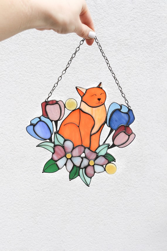 Suncatcher Orange Cat in Tulip Flowers Stained Glass Window Hangins Glass Wall Decor Cat Art gift Mother’s day gift Custom Cat
