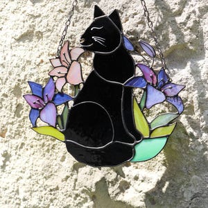 Suncatcher Cat in Lily Flowers Stained Glass Window Hanging Panel Glass Wall Decor Cat Art gift Mother’s Gift Custom Cat
