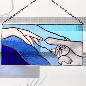 Suncatcher Cat reaching for a human hand with its paw Stained glass window panel Hanging home decor Glass wall art Gift for cat lovers image 10