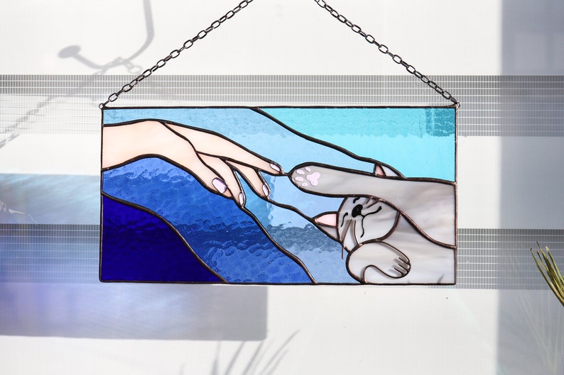 Suncatcher Cat reaching for a human hand with its paw Stained glass window panel Hanging home decor Glass wall art Gift for cat lovers image 10