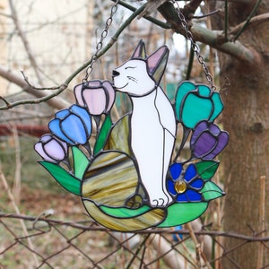 Suncatcher Cat in Flowers Stained Glass Window Hangins Glass Wall Decor ...