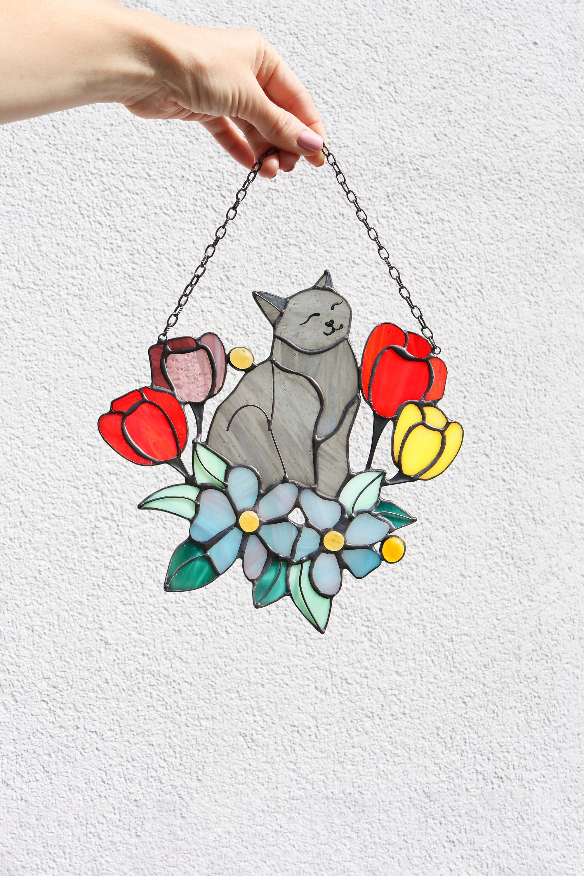 Suncatcher Cat in Tulip Flowers Stained Glass Window Hanging Decor Cat ...