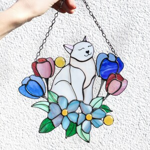 Suncatcher Orange Cat in Tulip Flowers Stained Glass Window Hangins Glass Wall Decor Cat Art gift Mother’s day gift Custom Cat Blue