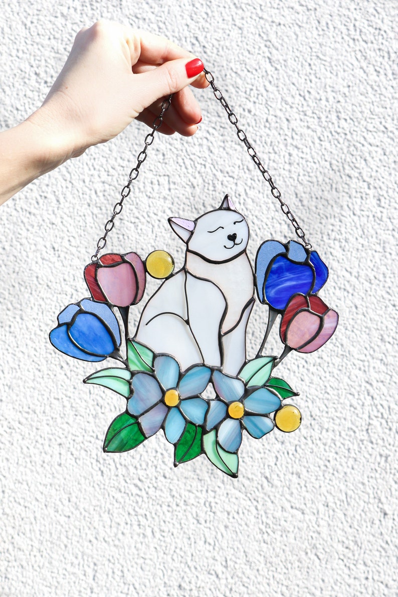 Suncatcher Orange Cat in Tulip Flowers Stained Glass Window Hangins Glass Wall Decor Cat Art gift Mother’s day gift Custom Cat Blue