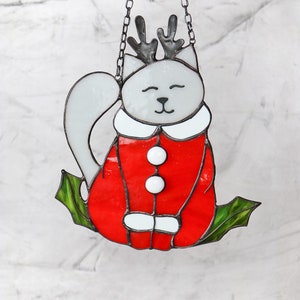 Suncatcher Сat in a Christmas reindeer costume Stained Glass Window Hangins Christmas home decor Cat Art gift Cute home decor image 9