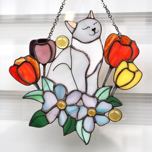 Suncatcher Cat in Tulip Flowers Stained Glass Window Hanging Decor Cat ...