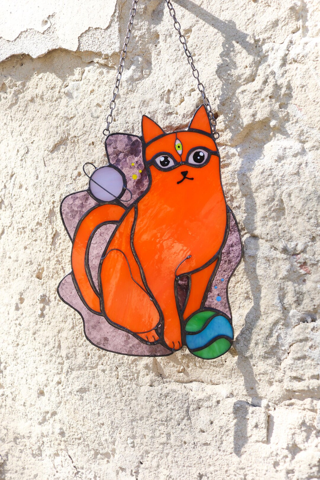 Suncatcher Cat and Space Stained Glass Window Hanging Panel Glass Wall ...