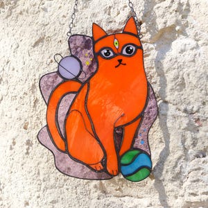 Suncatcher  Cat and Space Stained Glass Window Hanging Panel Glass Wall Decor Cat Art gift Mother’s Gift Custom Cat