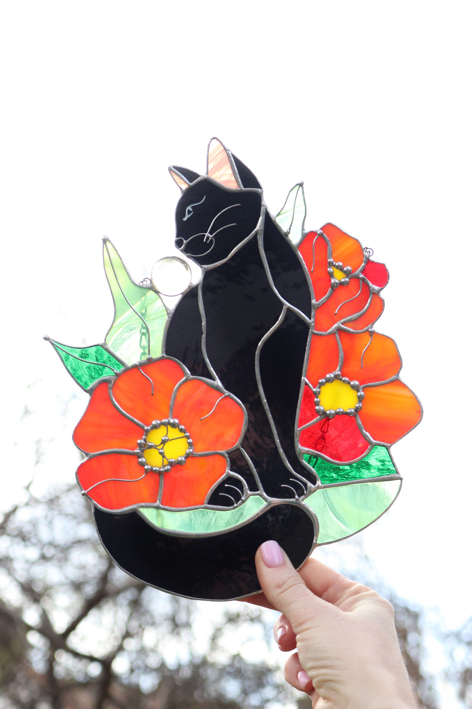 Suncatcher Black Cat in Poppy Flowers Stained Glass Window Hangins ...
