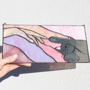 Suncatcher Cat reaching for a human hand with its paw Stained glass window panel Hanging home decor Glass wall art Gift for cat lovers image 8
