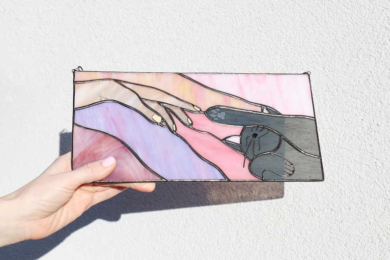 Suncatcher Cat reaching for a human hand with its paw Stained glass window panel Hanging home decor Glass wall art Gift for cat lovers image 8