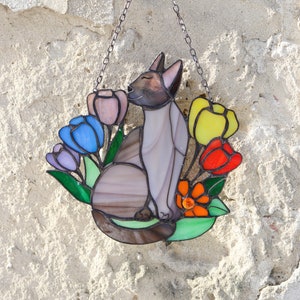 Suncatcher Cat in Flowers Stained Glass Window Hangins Glass Wall Decor Cat Art gift Custom Cat Gift idea for cat lover Handmade gift Siamese