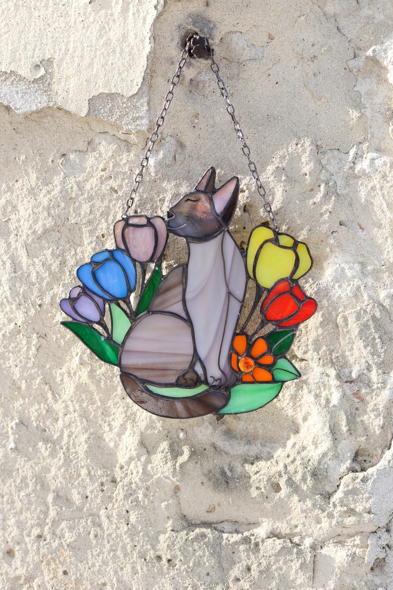 Suncatcher Cat in Flowers Stained Glass Window Hangins Glass Wall Decor Cat Art gift Custom Cat Gift idea for cat lover Handmade gift Siamese