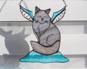 Suncatcher Cat-Angel Stained Glass Window Hangins Glass Wall Decor Cat Art gift Custom Cat Gift idea for cat lover Cat memorial ornament