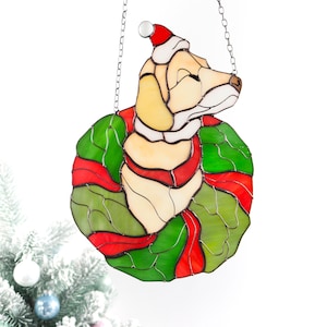 Suncatcher Dog in a  Christmas wreath Stained Glass Window Hangins Christmas home decor Dog Art gift Unique wall decor Custom pet portrait