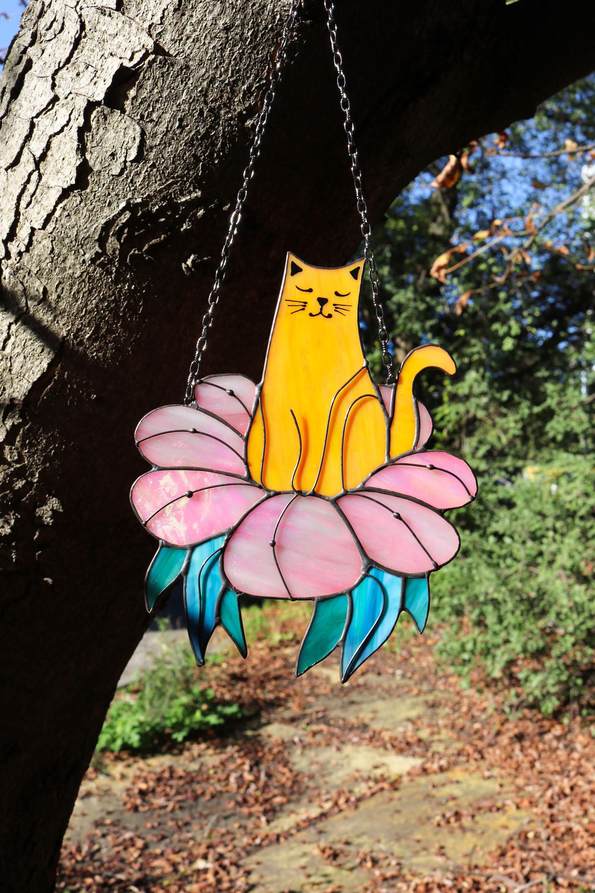 Suncatcher Cat in Flower Stained Glass Window Hangins Glass Wall Decor ...