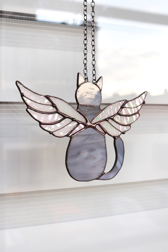 Suncatcher Cat with angels wings Stained Glass Window Hangins Glass Wall Decor Cat Art gift Custom Cat Gift idea for cat lover