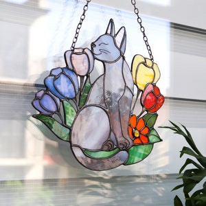 Suncatcher Cat in Flowers Stained Glass Window Hangins Glass Wall Decor ...