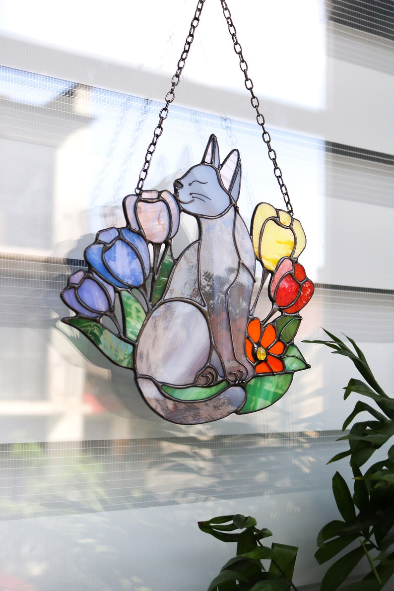 Suncatcher Cat in Flowers Stained Glass Window Hangins Glass Wall Decor Cat Art gift Custom Cat Gift idea for cat lover Handmade gift image 7