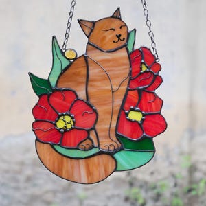 Suncatcher White Cat in Poppy Flowers Stained Glass Window Hanging Panel Glass Wall Decor Cat Art gift Mother’s Gift Custom Cat