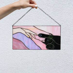 Suncatcher Cat reaching for a human hand with its paw Stained glass window panel Hanging home decor Glass wall art Gift for cat lovers Black cat