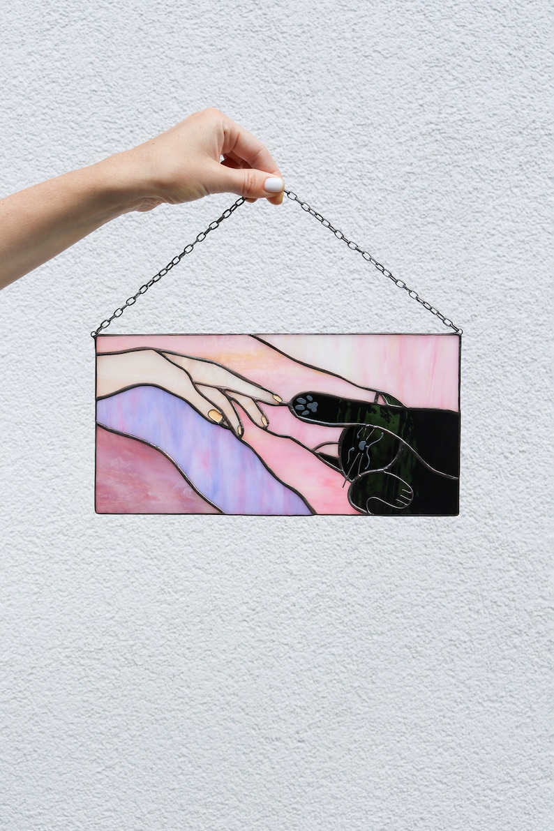 Suncatcher Cat reaching for a human hand with its paw Stained glass window panel Hanging home decor Glass wall art Gift for cat lovers Black cat