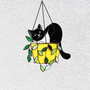 Cat in a flowerpot Suncatcher Stained Glass Window Hangins Glass Wall Decor Cat Art gift Custom Cat Gift idea for cat lover Black cat