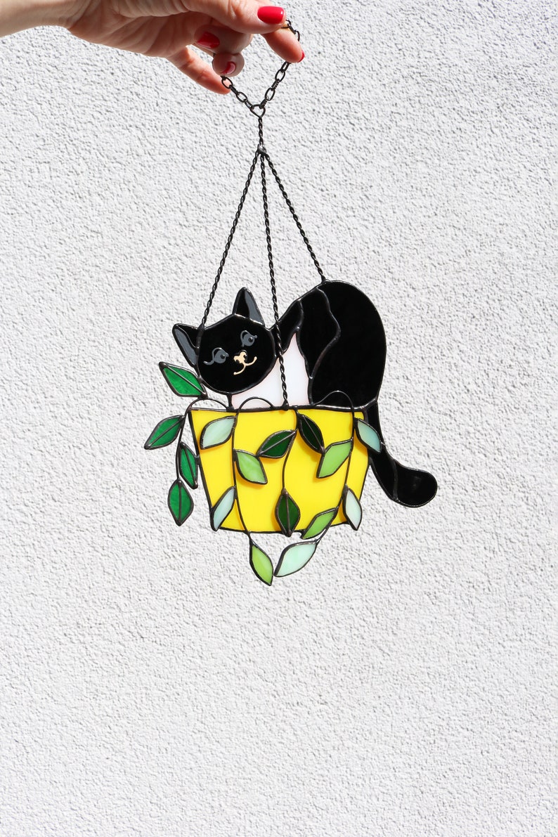 Cat in a flowerpot Suncatcher Stained Glass Window Hangins Glass Wall Decor Cat Art gift Custom Cat Gift idea for cat lover Black cat
