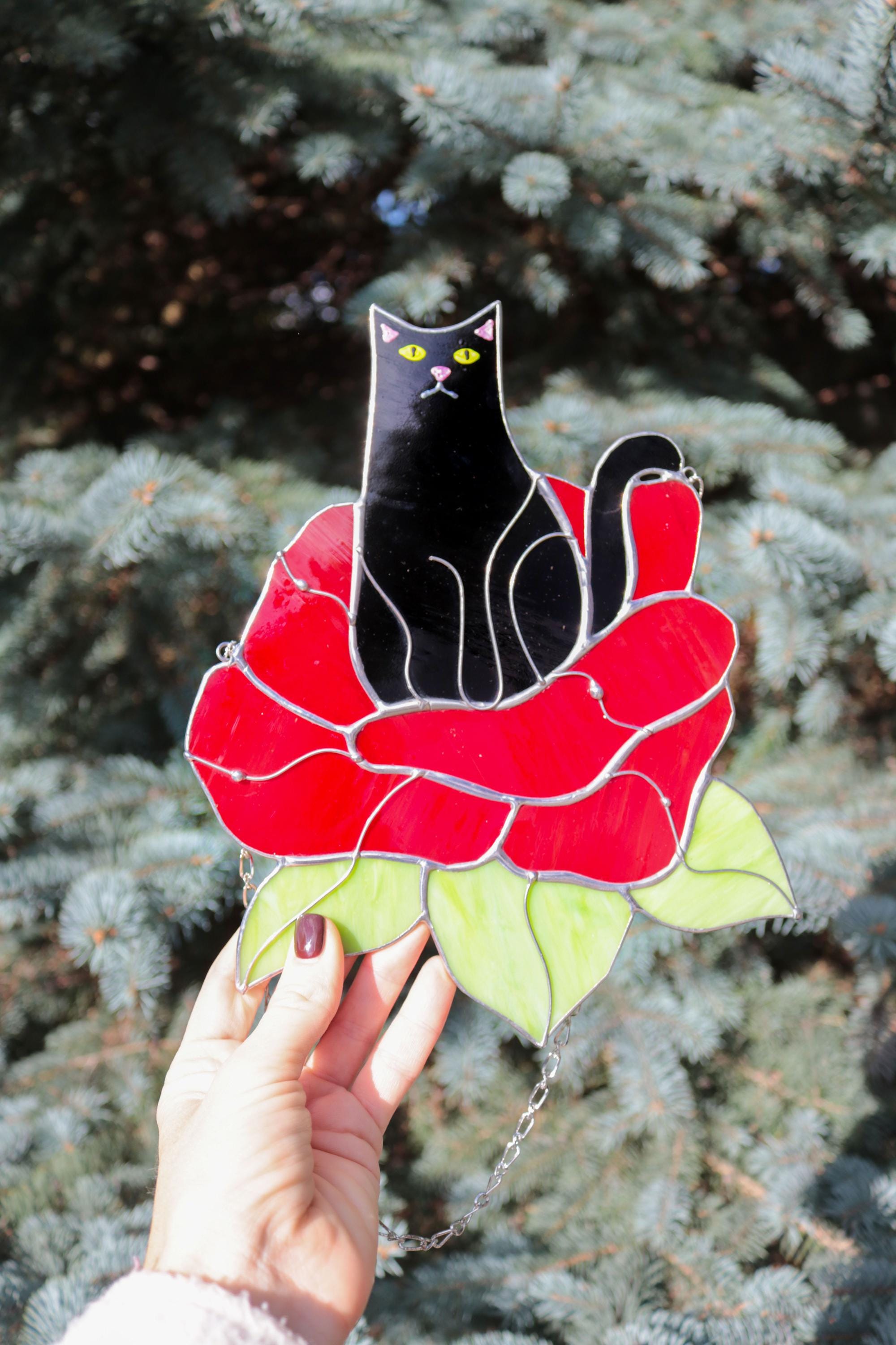 Suncatcher Cat in Flower Stained Glass Window Hangins Glass Wall Decor ...